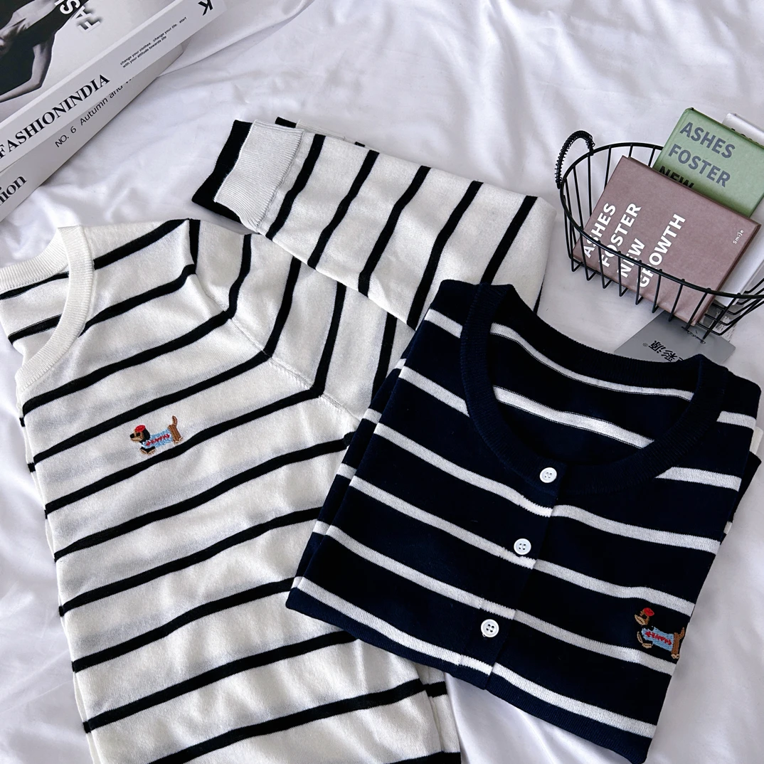 条纹毛针织衫夏季蕾丝防晒针织衫小香风早秋上衣毛衣