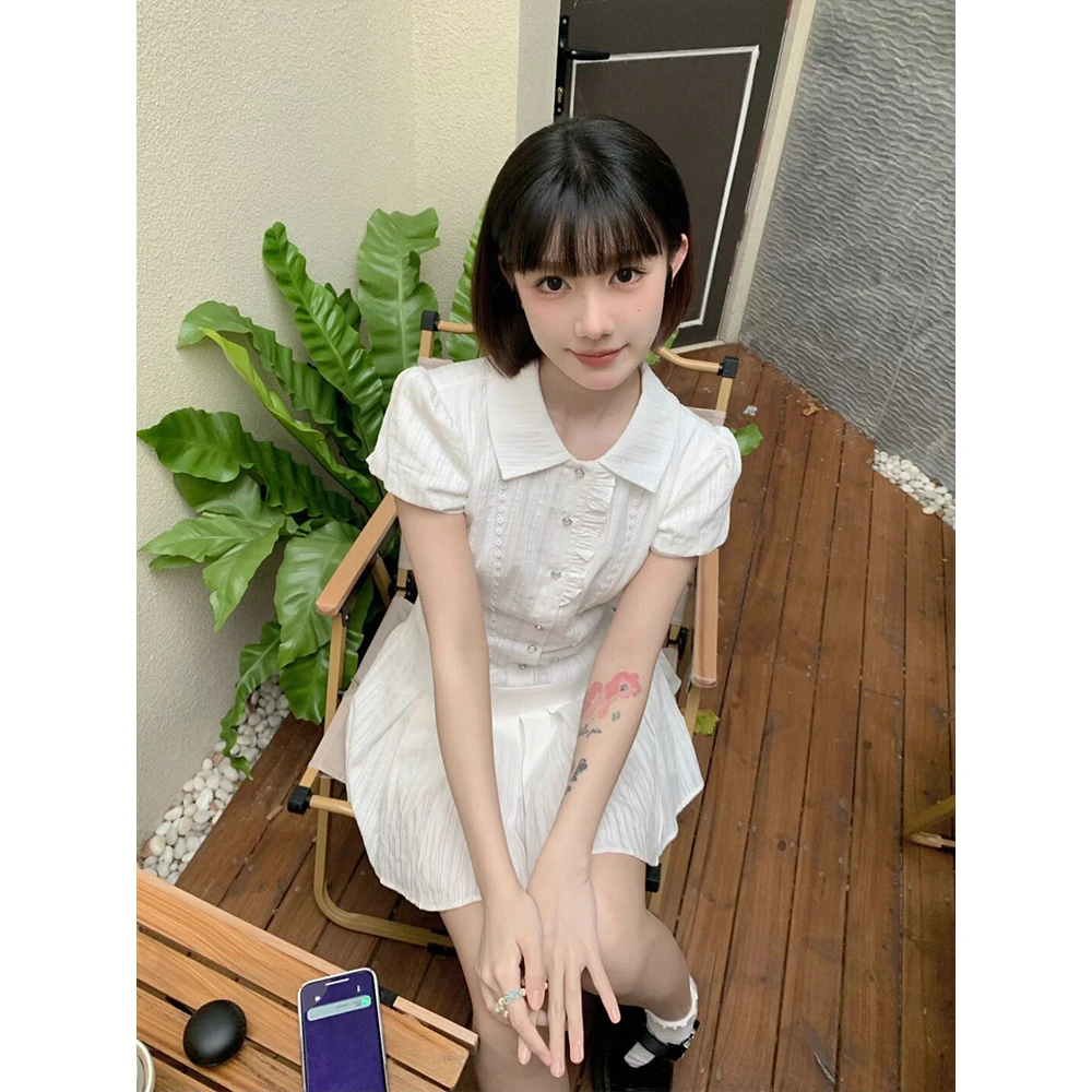 学院风泡泡袖白色衬衫连衣裙女夏季小个子翻领甜美衬衫连衣裙收腰