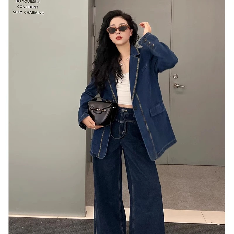 美式港风牛仔套装女2025春秋时尚气质高级感设计小众阔腿裤两件套