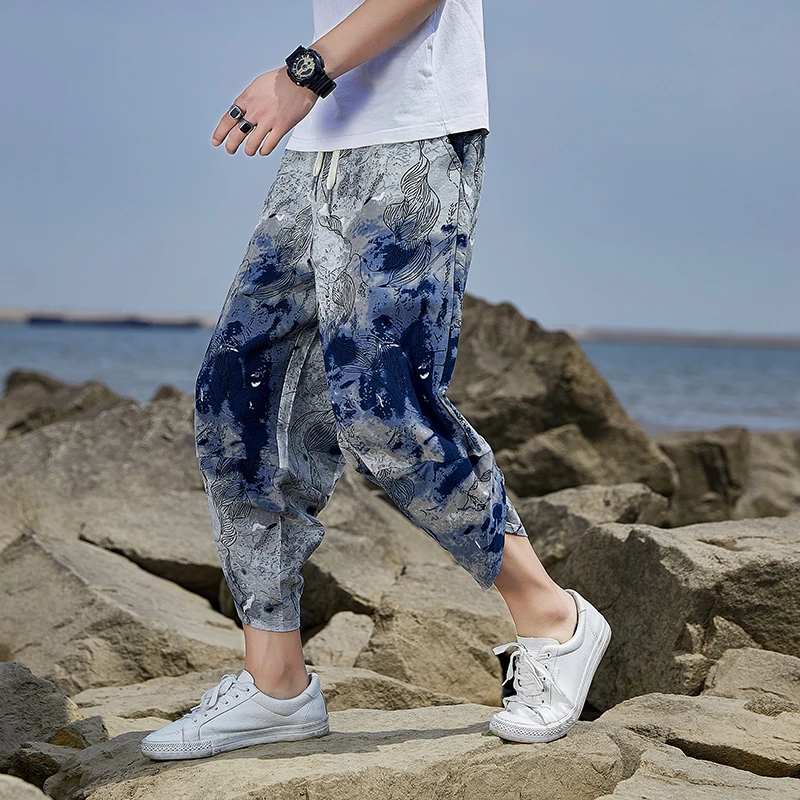 夏季冰丝裤男士哈伦中裤休闲速干短裤宽松潮流大码七分裤时尚男裤