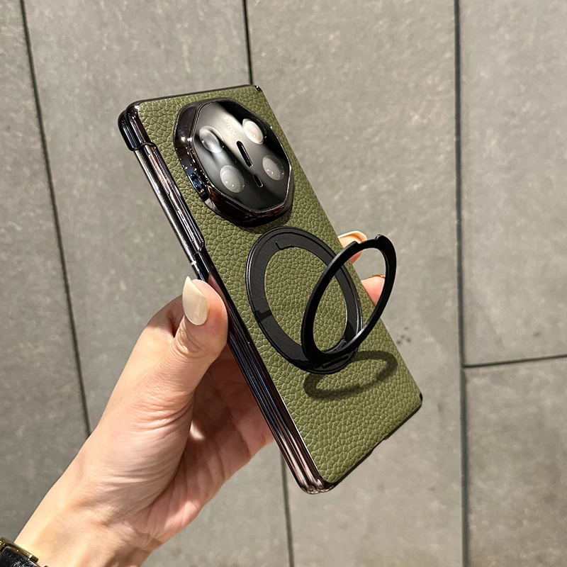 适用华为Matex6手机壳高级真皮壳matex5中轴保护可旋转支架橄榄绿