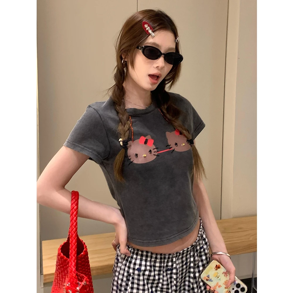 设计感圆领印花珠绣短袖T恤女夏季复古水洗做旧修身短款显瘦上衣