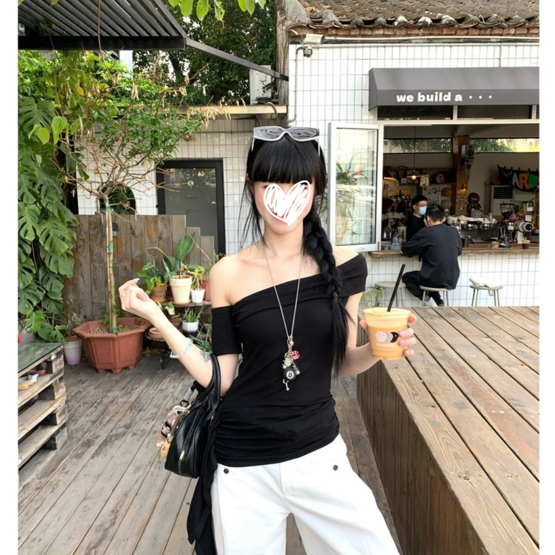 YIDENG设计感辣妹风飘带一字领T恤夏季气质chic收腰露肩上衣