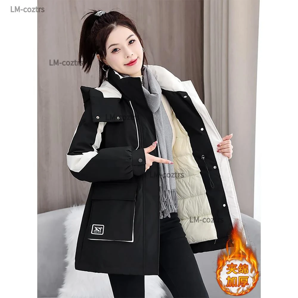 中长款撞色冲锋衣派克棉服女2025冬季新款加厚连帽工装面包服外套