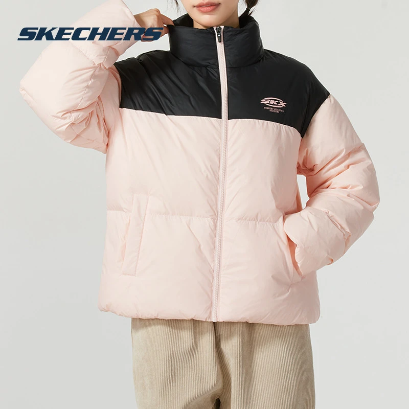 【草莓奶油粉】斯凯奇保暖羽绒服女装立领撞色休闲棉羽外套P424W231