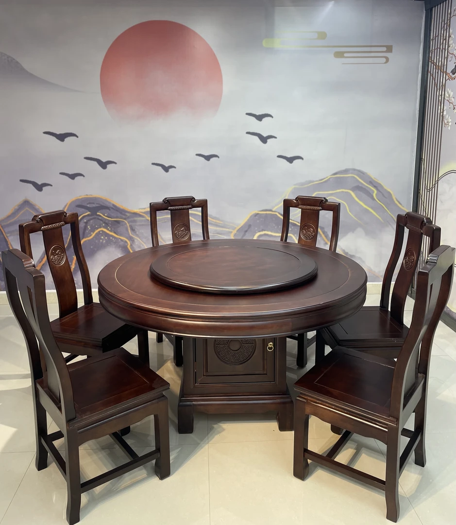 全实木黑檀餐桌椅组合带转盘家用大圆桌新中式家具圆形吃饭桌子