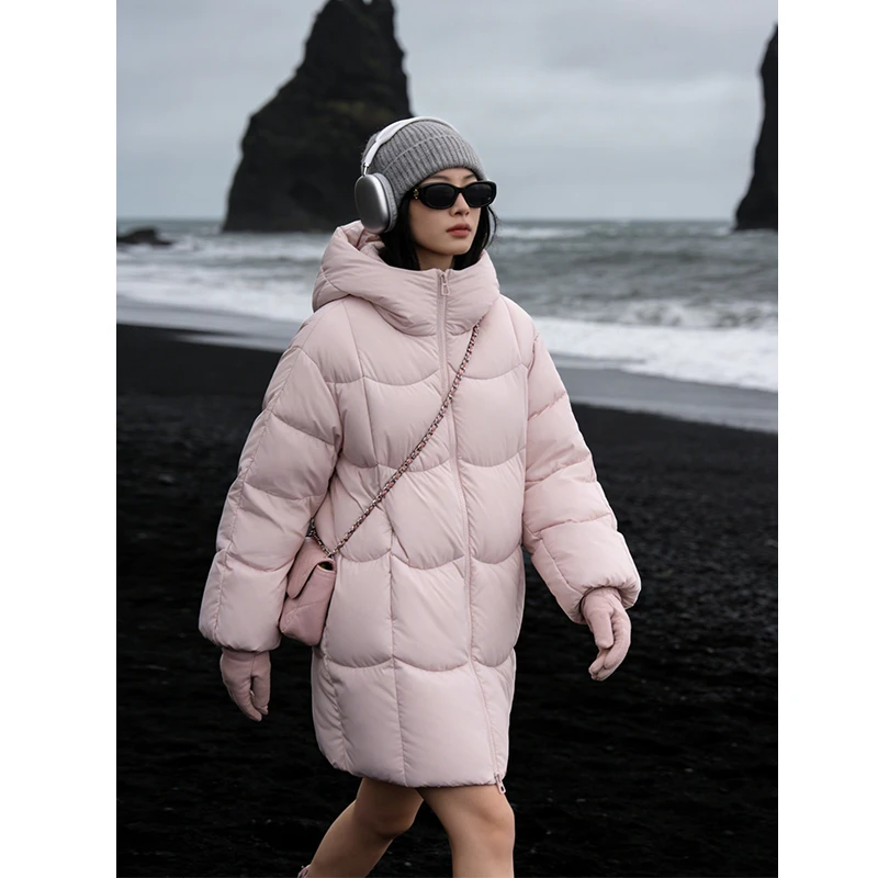 粉色连帽羽绒服女中长款2025冬季新款小个子白鸭绒加厚面包服外套