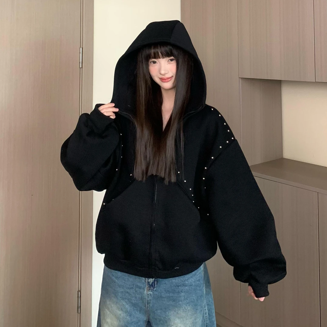 铆钉解构500g重磅开衫卫衣男春秋美式高街潮牌高级感短款连帽外套