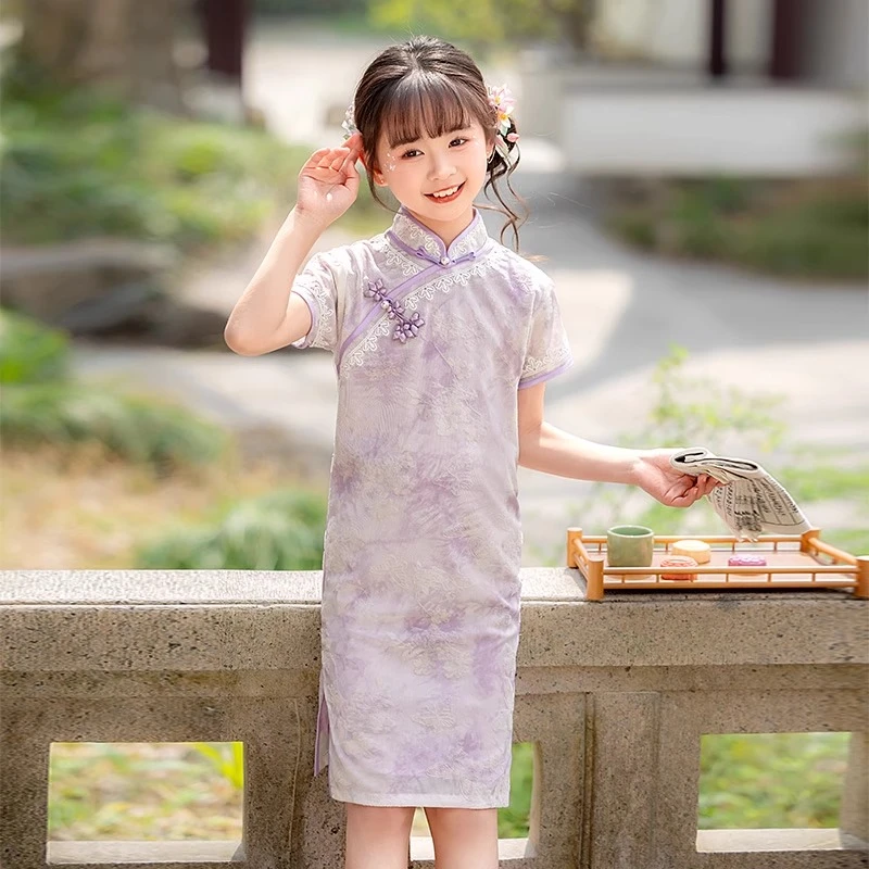 【985】女童中国风紫色旗袍2025新款夏季儿童新中式改良款连衣裙