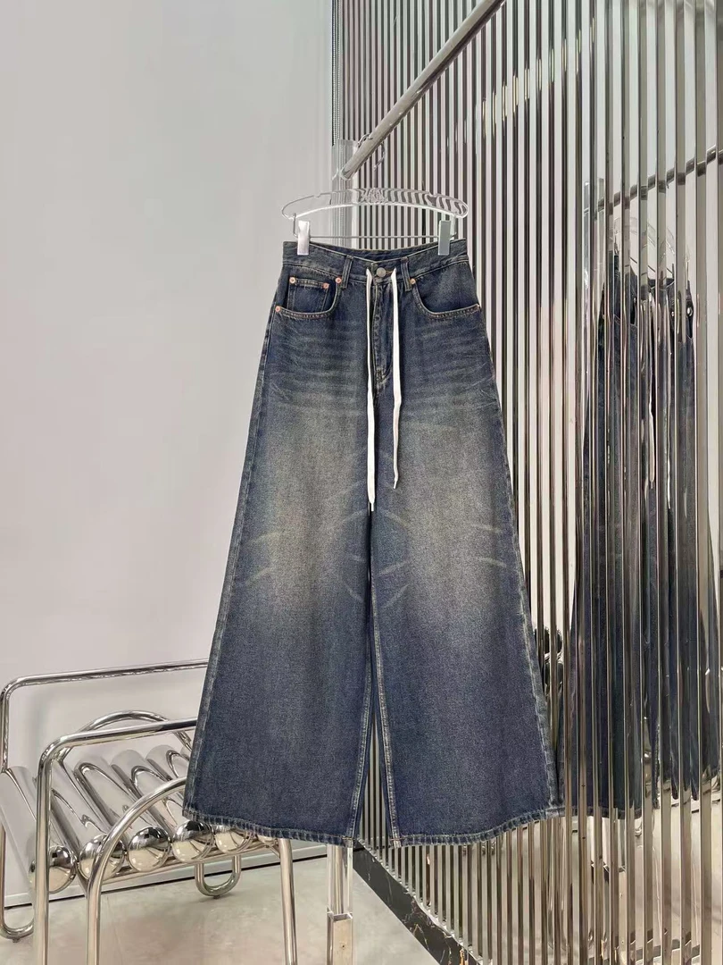 数字标抽绳设计感 美式复古水洗做旧宽松牛仔裤