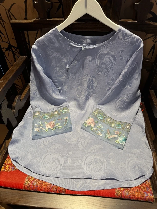 『婉清』夏季新款重工刺绣花萝夏季圆领百搭新中式衬衫上衣