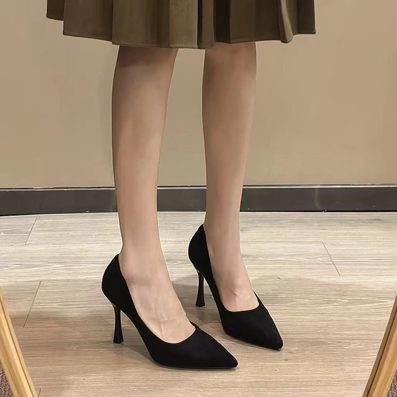 2025新款面试高跟鞋女细跟黑色尖头绒面通勤软底不累脚工作单鞋