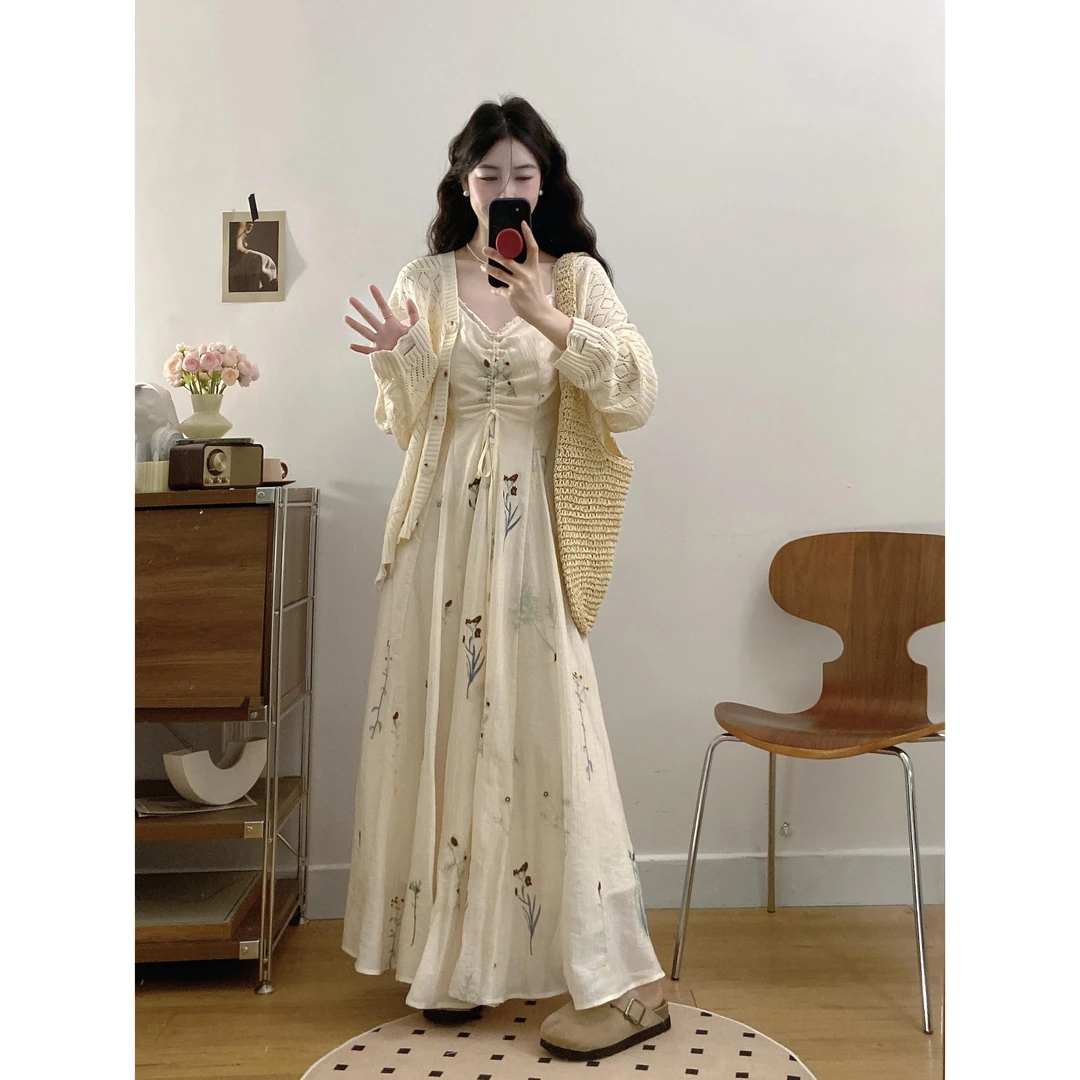 大码南枝杏调法式气质连衣裙女褶皱感水草花复古刺绣长裙