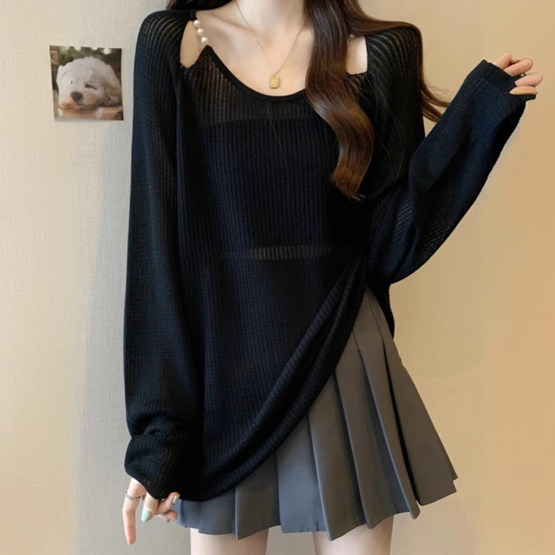 大码胖mm女装夏季新款宽松针织衫防晒衣罩衫遮肚百搭显瘦长袖上衣