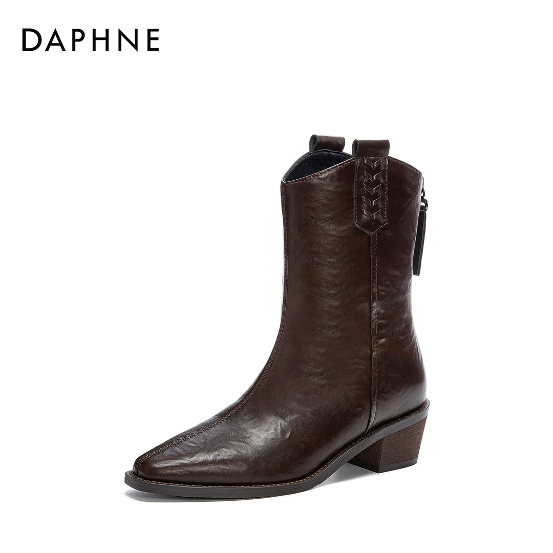 达芙妮新款法式拉链中跟靴子辣妹风时尚百搭舒适女靴尖头瘦瘦短靴