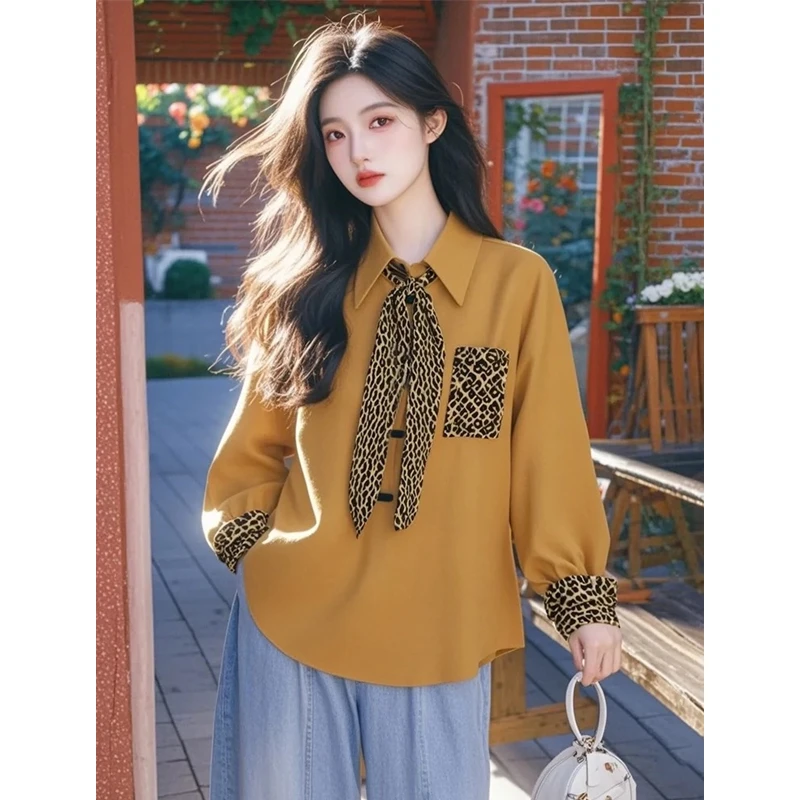2025春季新款小衫超好看独特漂亮洋气没汁感黄色印花拼接领结衬衫