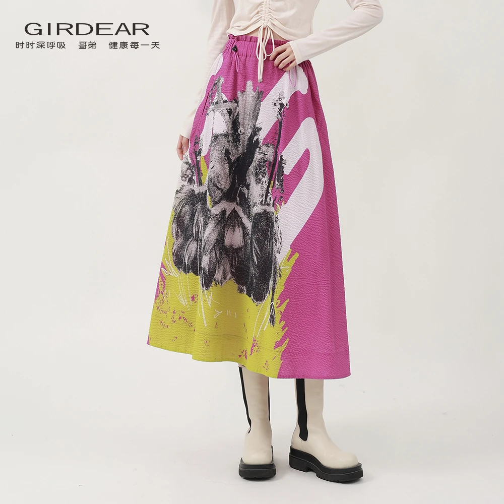 哥弟 时尚休闲国风鸵鸟提花半身新款裙肌理感高腰显瘦伞裙1200338