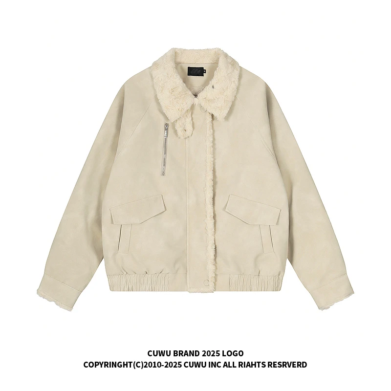 cuwu美式复古翻领羊羔绒棉服外套女冬季宽松加绒加厚保暖工装棉衣