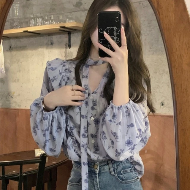 雪纺衫新款春夏法式长袖轻熟风百搭衬衫碎花单排荷叶系带印花上衣