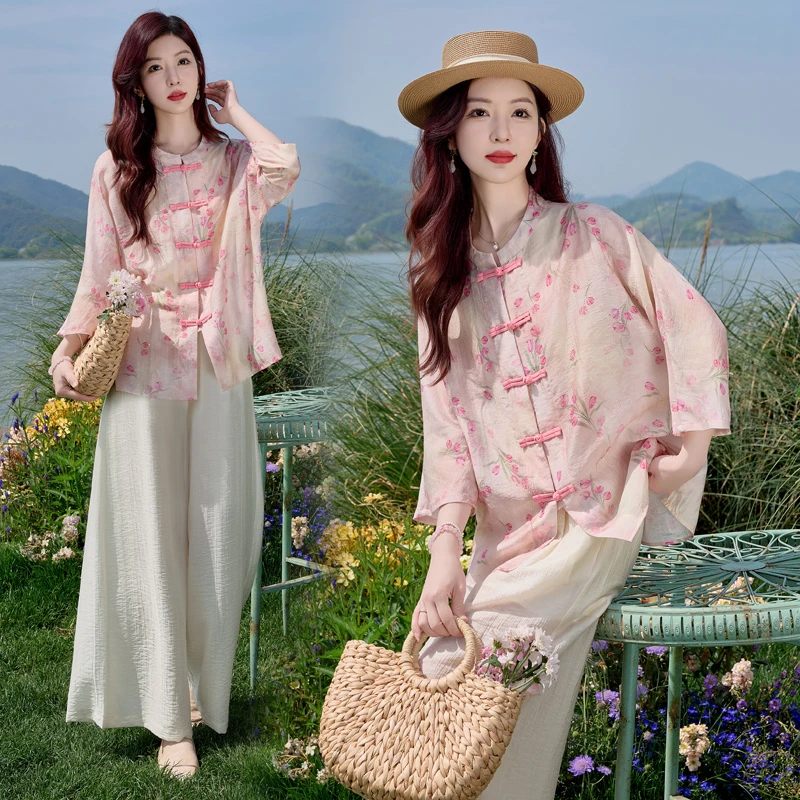 新中式国风2025夏季女款时尚洋气宽松气质古风衬衫阔腿长裤三件套