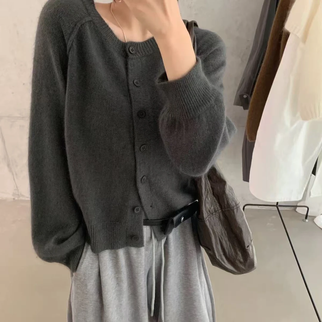 【插肩鱼骨开衫】复古灯笼袖韩版纯色针织开衫毛衣女宽松显瘦2259