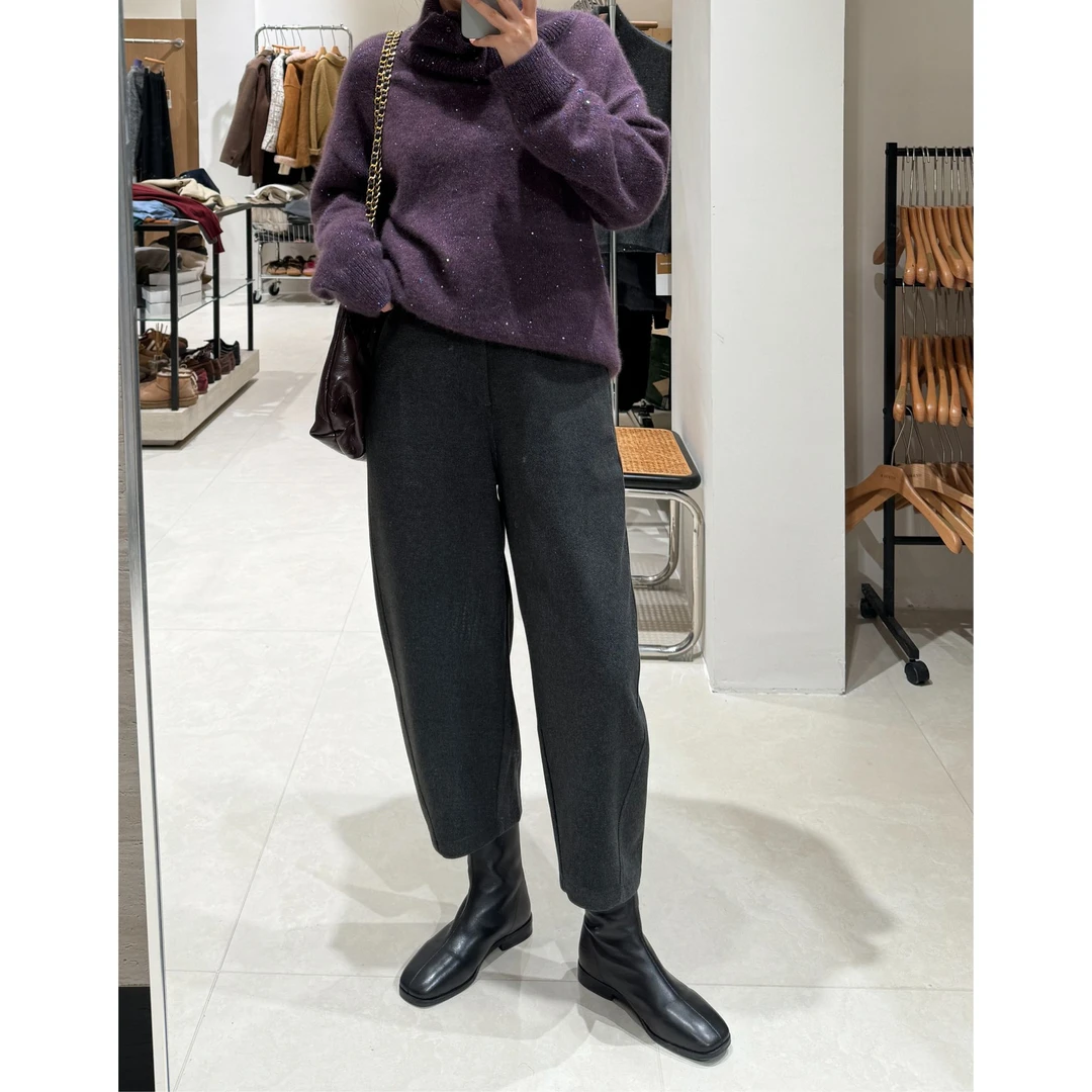 松紧腰休闲显瘦弯刀毛呢裤