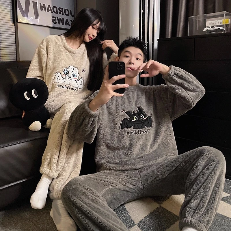 卡通无牙仔情侣睡衣女款冬季珊瑚绒法兰绒加厚保暖男士家居服套装