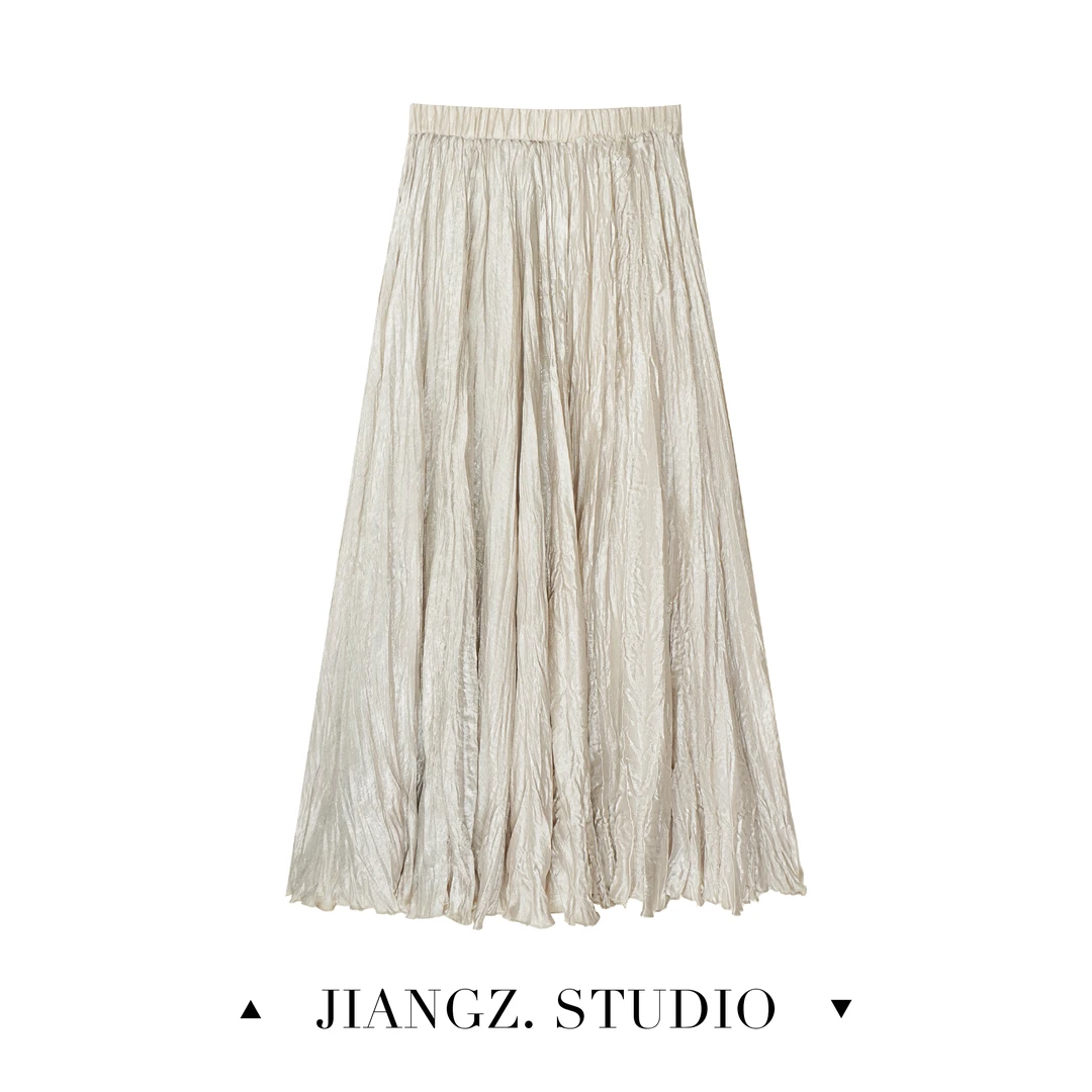 panii【鎏金】春夏法式设计感下摆褶皱崔旰高腰半身裙珠光大摆伞裙