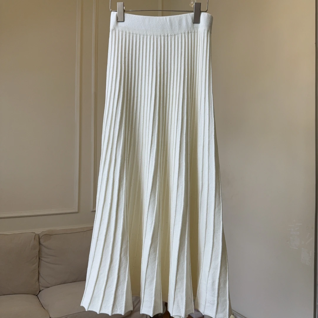 928原创针织小A字珠片风琴百褶半裙气质简约百搭显瘦时尚纯色