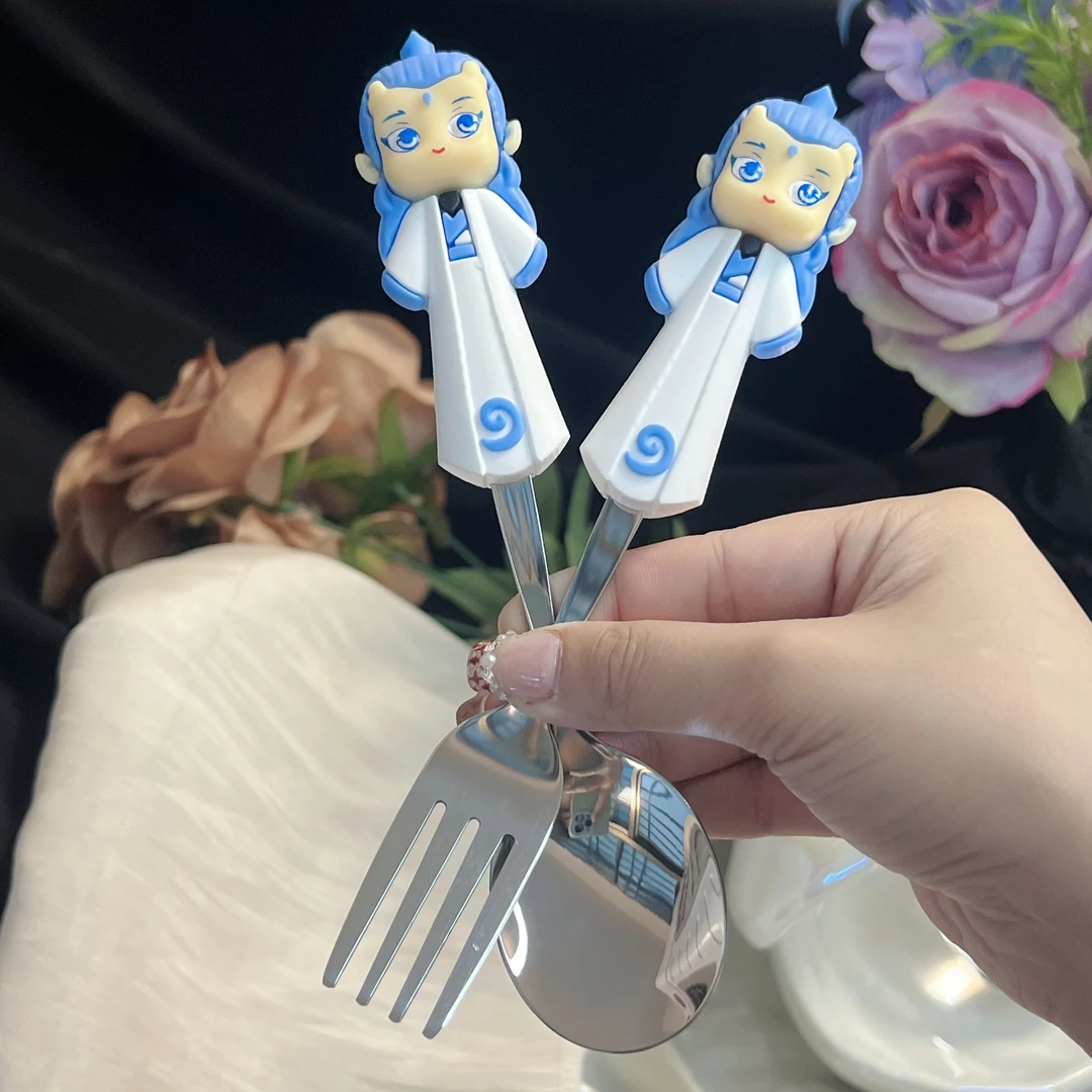 灵珠敖丙可爱卡通304勺子不锈钢硅胶餐叉家用餐勺汤匙水果叉勺