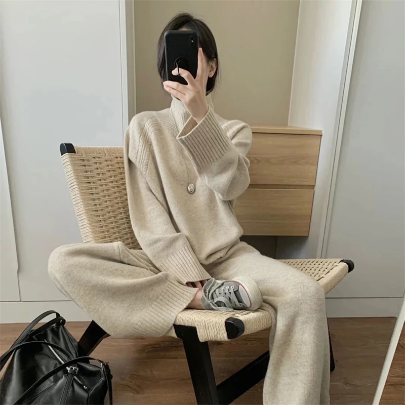 秋冬女士羊毛套装韩版慵懒风半高领针织套装宽松外穿阔腿裤套装