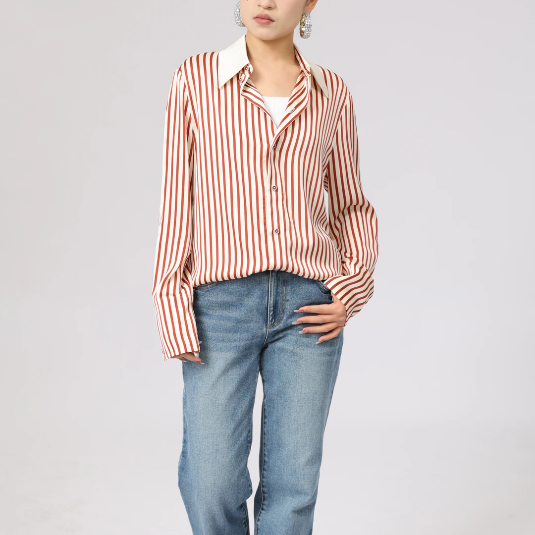 AMASS/阿玛施早秋新款撞色衬衣竖条纹休闲百搭长袖衬衫女5301098