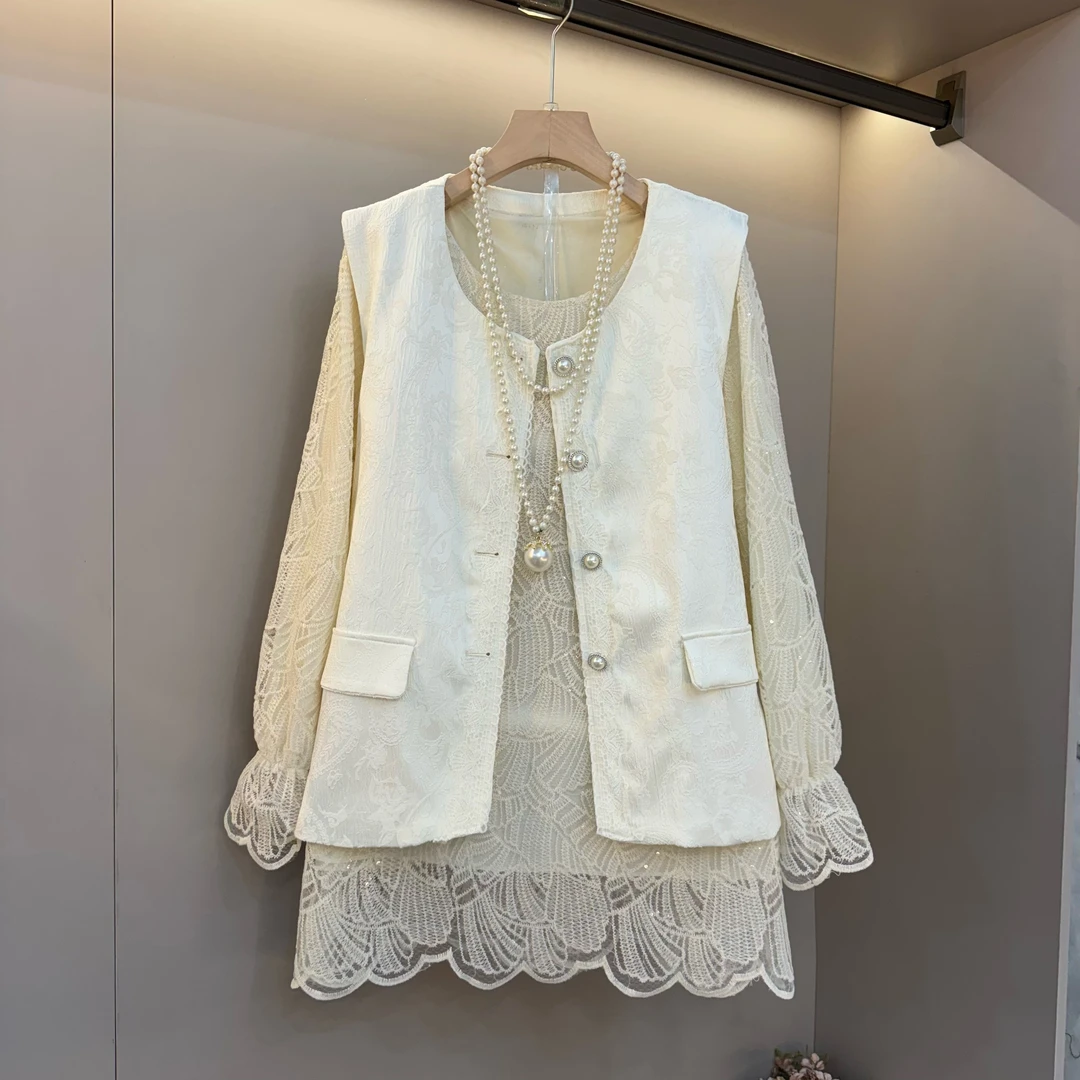 欧货洋气时尚高品质大码女装胖妹妹2025内搭+马甲上衣俩件套套装