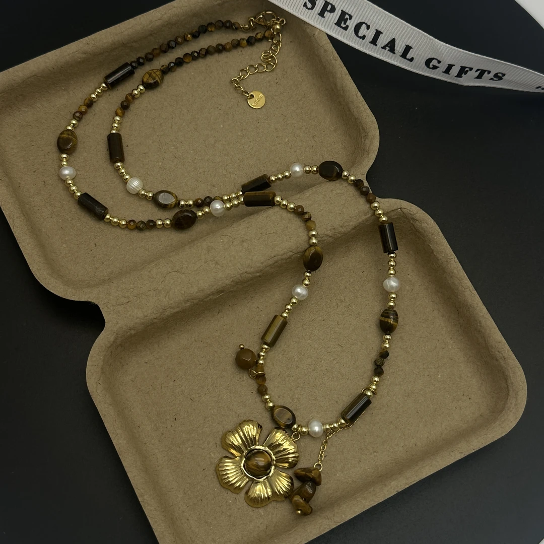 钛钢项链 2265【扶桑花】50+5cm美拉德中古花朵串珠复古轻奢高级感