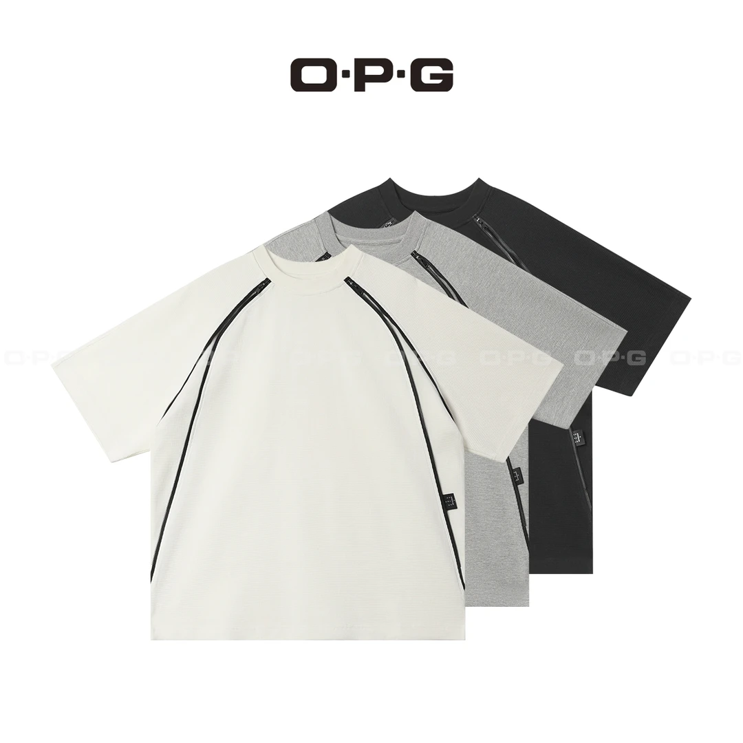 遥发服装【设计师小格调结构款拉链重磅T恤】夏季宽松短袖上衣5070