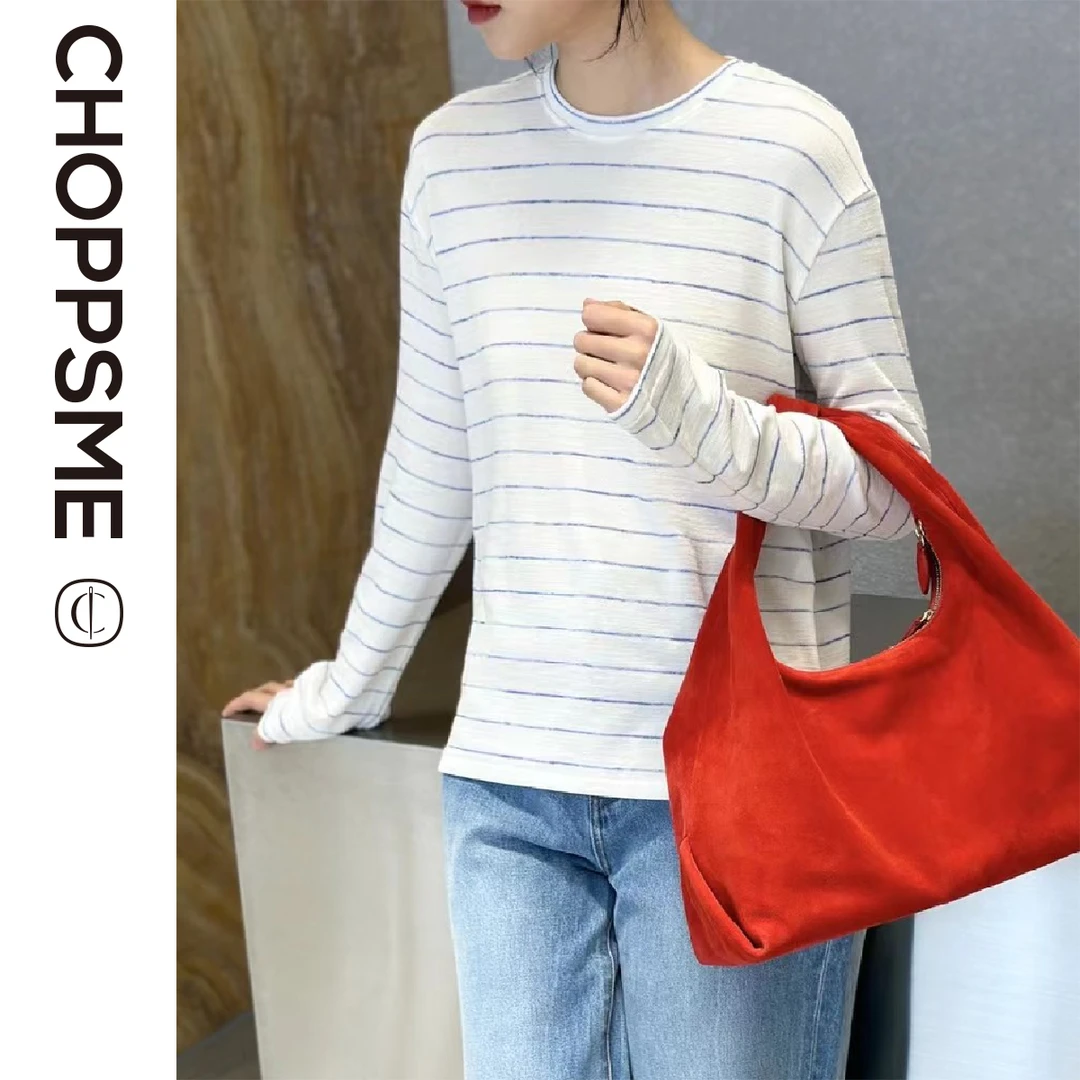 巧珀思｜女士柔软垂感莱赛尔休闲混纺渐变细条纹弹力圆领长袖T恤