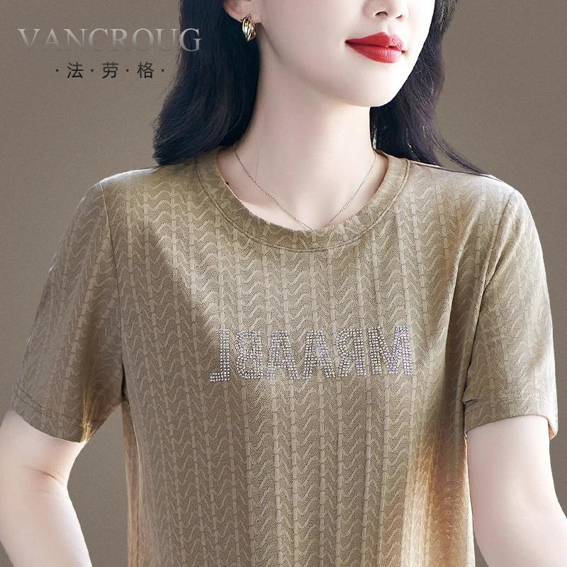 法劳格短袖t恤女夏季新款高端冰丝圆领套头衫中年妈妈休闲宽松上