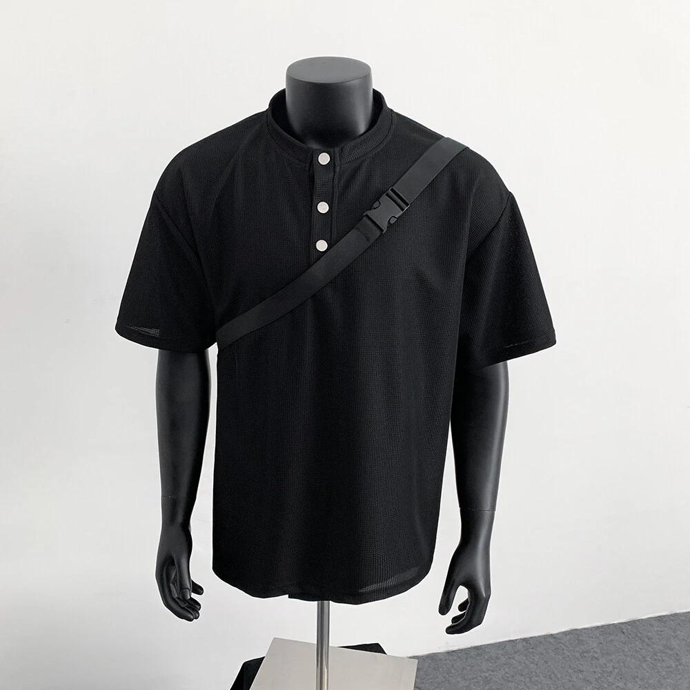 2025夏季亨利领华夫格短袖T恤夏季短袖衫挺括潮流百搭