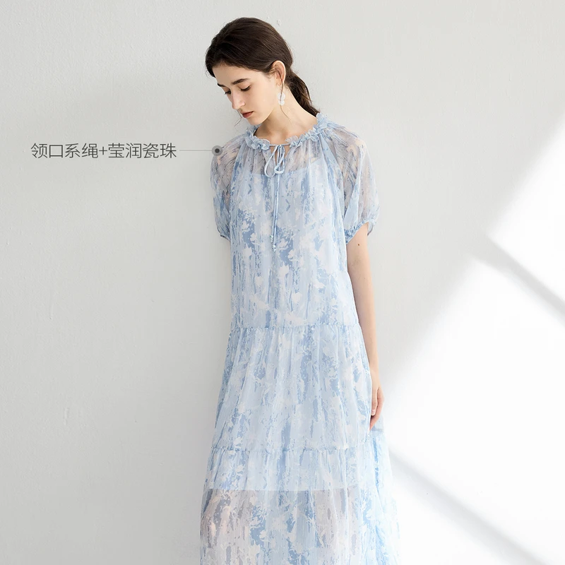 【万达品牌】亦谷短袖连衣裙女流行的温柔长裙子G5SAL147