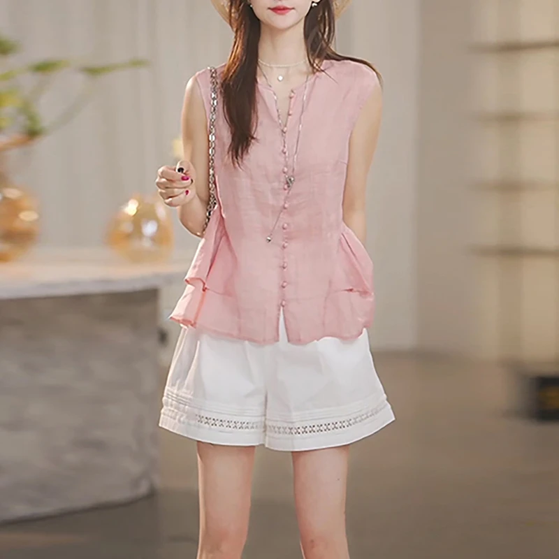 韩系甜美减龄套装女2025夏季粉色无袖衬衫上衣白色阔腿短裤两件套