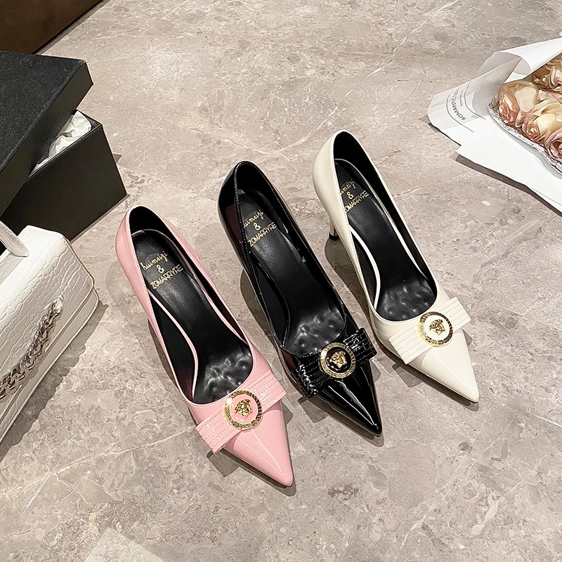 2025春秋新款气质网红性感尖头细跟法式水钻蝴蝶结不累脚高跟鞋