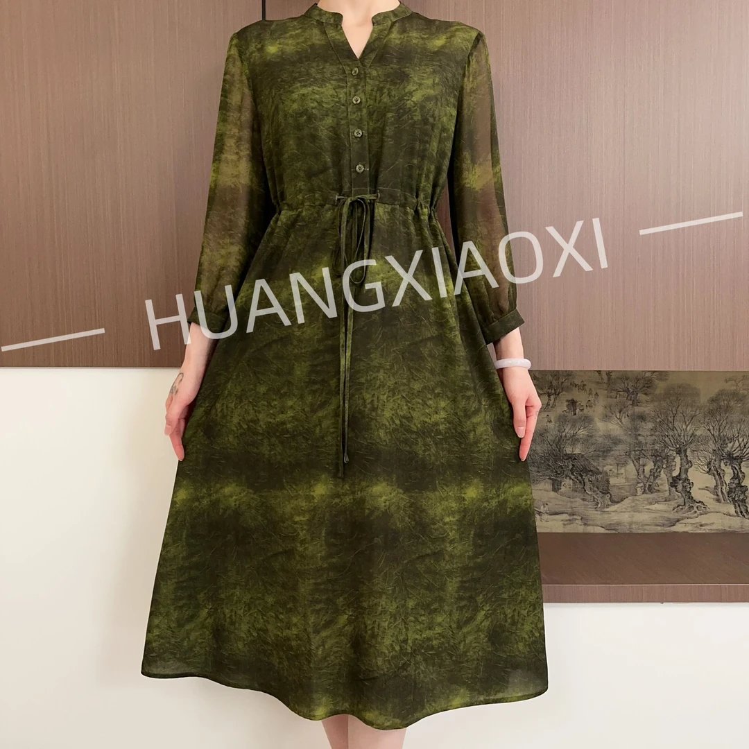 HUANGXIAOXI 海松琥珀绿优雅气质抽绳款中长袖连衣裙 HXX-266