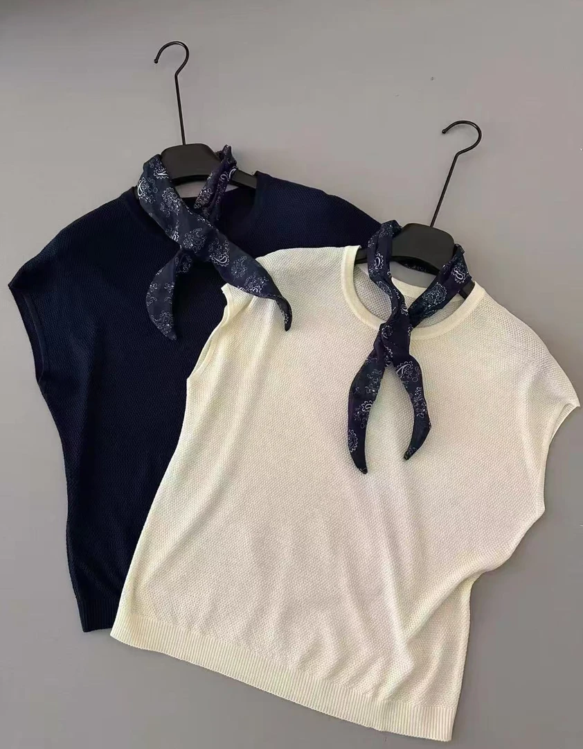 配韩版丝巾 夏季设计感圆领显瘦针织上衣