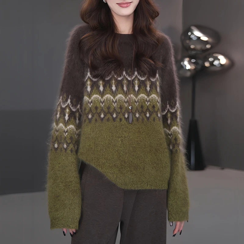 舒适韩系时尚圆领撞色针织衫女装2026冬季新款设计感日常百搭搭配