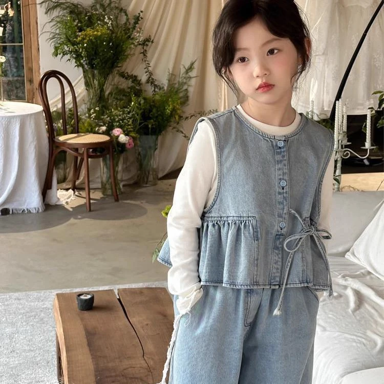 韩国童装2025新款女童套装牛仔马甲休闲阔腿裤儿童春秋洋气三件套