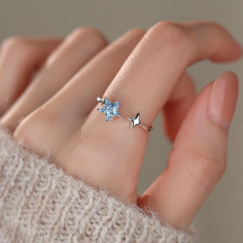 足银合成锆石戒指 990纯银轻奢蓝色星星戒指时尚众森系开口可调节