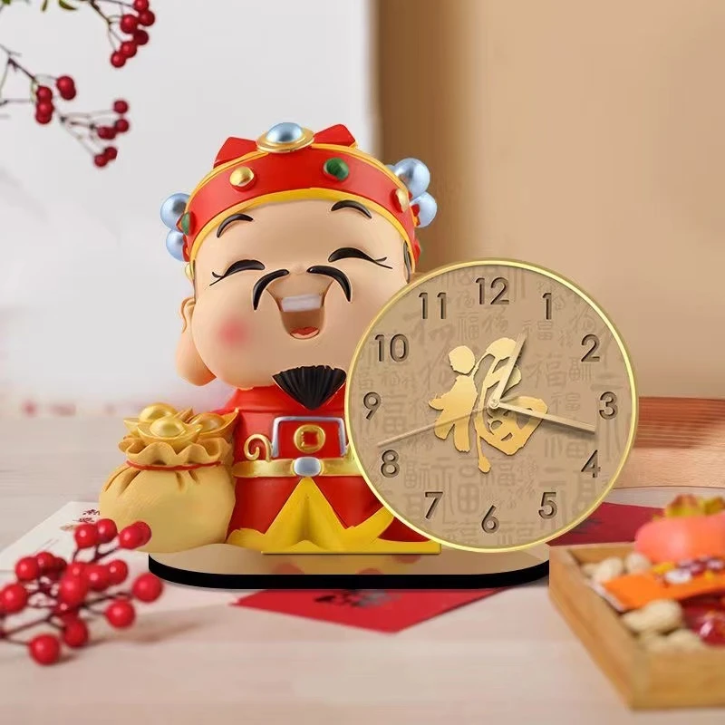 Q05财神爷时钟摆件家用创意客厅玄关桌面钟表春节乔迁喜庆小座钟