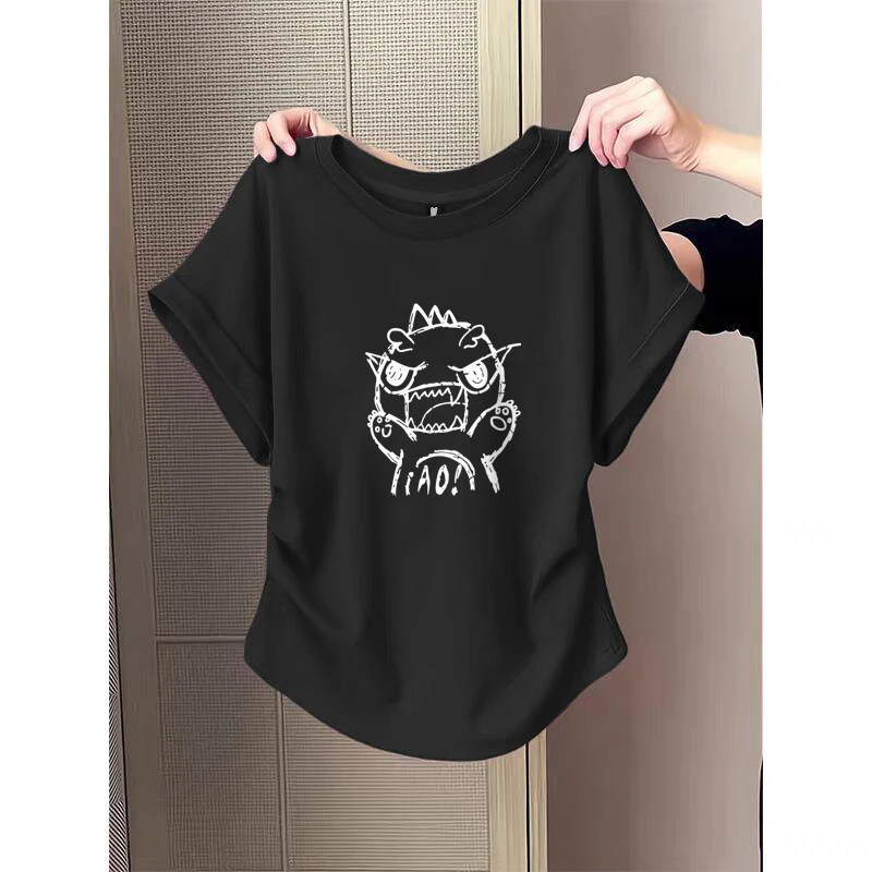 黑色小怪兽正肩短袖t恤衫女夏夏胖mm设计感修身短款大码体恤上衣