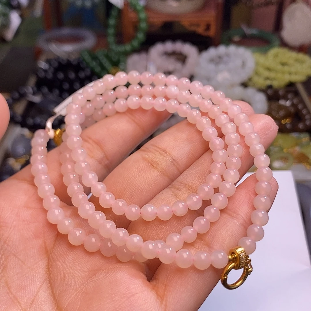 和田玉未镶嵌颈饰藕粉老矿料红粉约5mm108佛珠