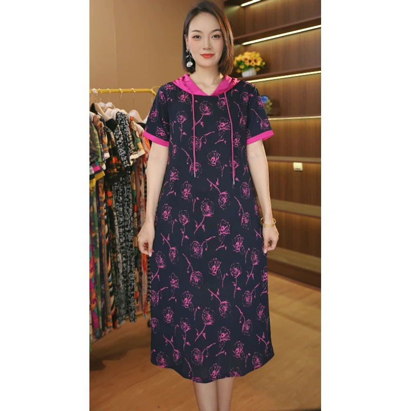 [新款上新]夏季新款连帽花过膝中长款气质连衣裙